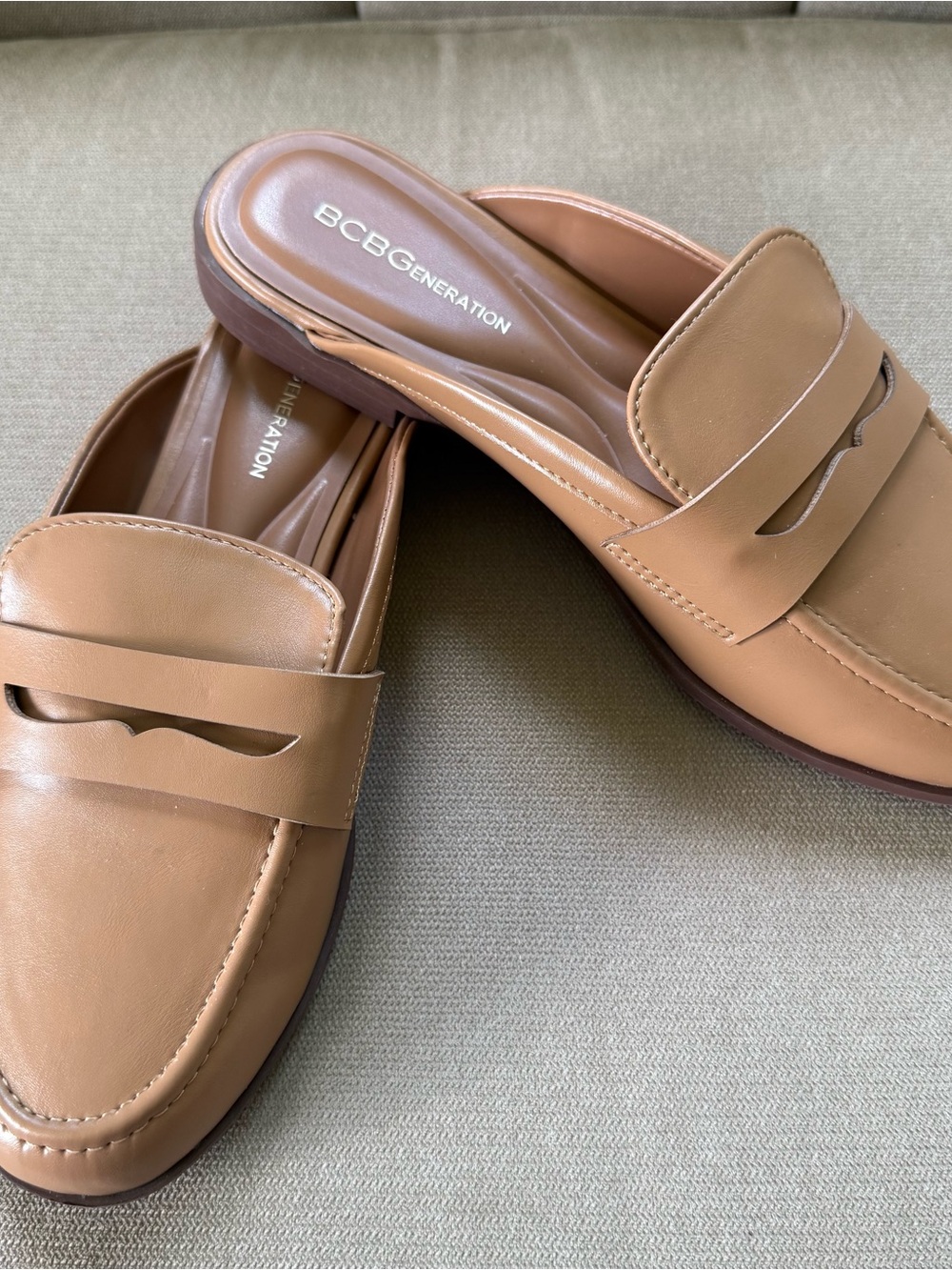 BCBGeneration Camel Tan Leather Penny Loafer Mules